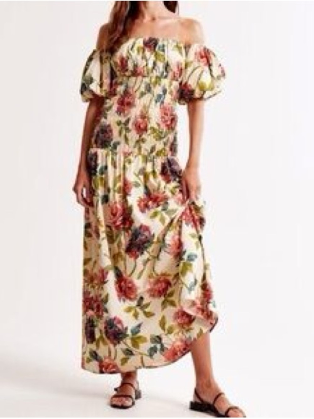 Abercrombie & Fitch Floral Off-Shoulder Maxi Dress in Cream, Coral, Green